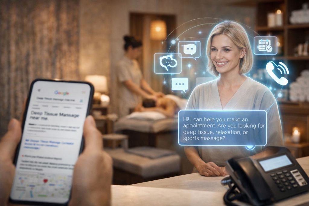 AI receptionist for massage and spas answering customer calls 24/7 on smartphone and computer