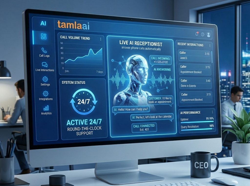 AI Virtual Receptionist Services answering business calls 24/7 through an automated digital dashboard