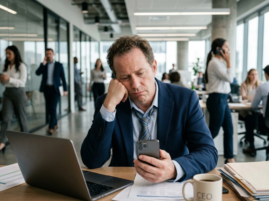 Business owner frustrated by missed calls highlighting the need for AI Virtual Receptionist Services